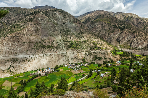 Lahaul valley with small mountain village in Himalayas. Himachal Pradesh, India