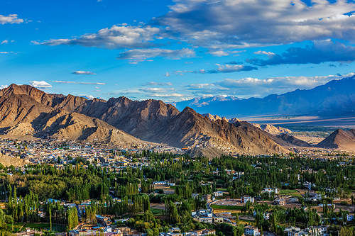 View of Leh town from above from Shanti Stupa on sunset. Ladakh, Jammu and Kashmir, India