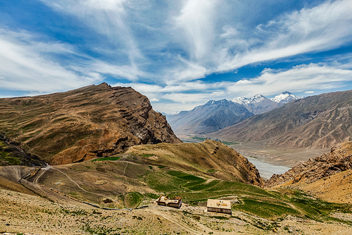 View of Gete village and Spiti valley in Himalayas. Spiti valley, Himachal Pradesh, India