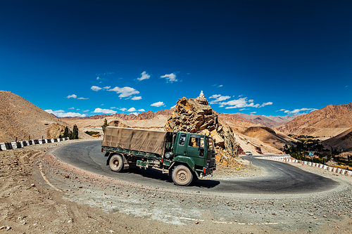 Indian army lorry truck car on national highway Srinagar-Leh NH-1 in Himalayas. Ladakh, India