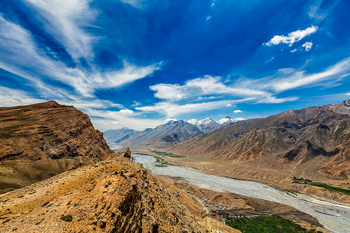 View of Spiti valley and Spiti river in Himalayas in Western Tibet. Spiti valley, Himachal Pradesh, India