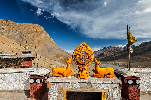 Dharmachakra (Wheel of Life) on roof of Key gompa (Tibetan Buddhist monastery). Spiti Valley, Himachal Pradesh, India