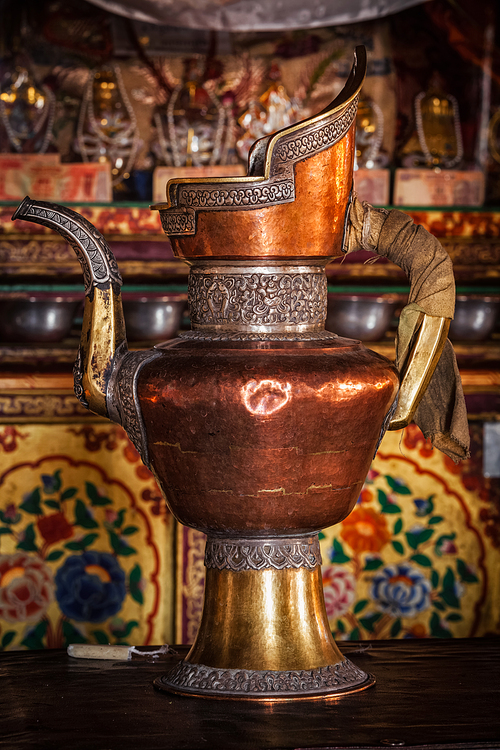 Water vessel in Spituk Gompa Tibetan Buddhist monastery. Ladakh, India