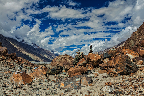 Stone cairns in Himalayas in Nubra valley, Ladakh, India
