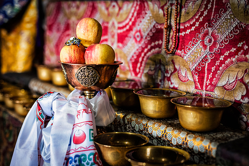 Offerings (Tibetan Water Offering Bowls) in Thiksey gompa (Tibetan Buddhist monastery). Ladakh, India