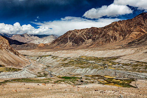 Kardung village in Himalayas mountains near Kardung La Pass . Ladakh, India