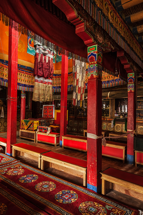 Inside Lamayuru gompa Tibetan Buddhist monastery. Ladakh, India