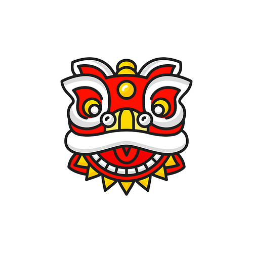 China head mask of dancing lion dog dancer isolated icon. Vector face mask to dance on Chinese New Year lunar holiday, tattoo design element. Foo dog portrait, ancient traditional monster from China