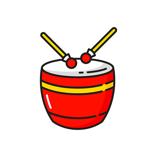 Taiko o-kedo drum chinese fork percussion instrument with drumsticks isolated color line icon. Vector lunar new year holiday celebration musical lion dancing show drum. Traditional asian taiko o-kedo