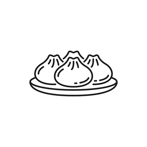 Baozi traditional chinese food on plate isolated thin line icon. Vector bao yeast-leavened filled bun, China cuisine food. Asian bakery with fillings, steamed buns. Japanese lunch or dinner bau