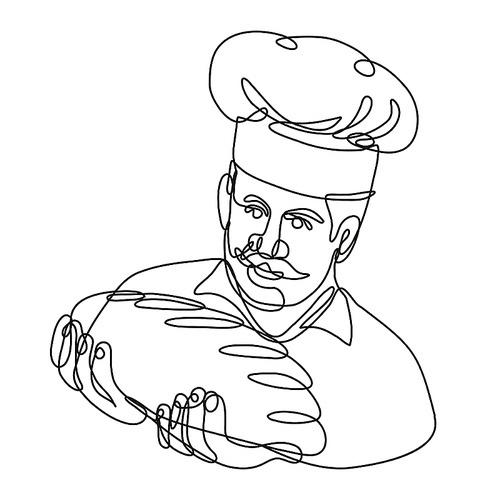 Continuous line drawing illustration of a baker holding bread loaf front view done in mono line or doodle style in black and white on isolated background.