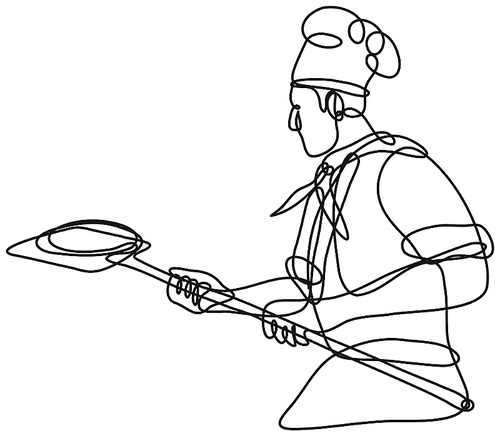Continuous line drawing illustration of a pizza baker chef or cook holding peel done in mono line or doodle style in black and white on isolated background.