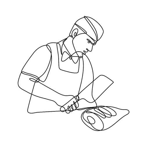 Continuous line drawing illustration of a butcher with meat cleaver cutting leg of ham done in mono line or doodle style in black and white on isolated background.