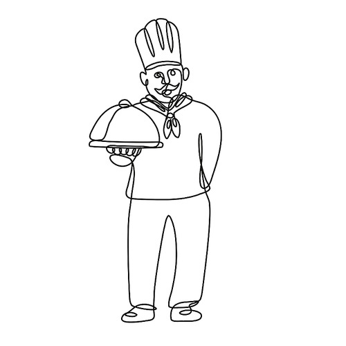 Continuous line drawing illustration of a chef, cook or baker holding a platter front view done in mono line or doodle style in black and white on isolated background.