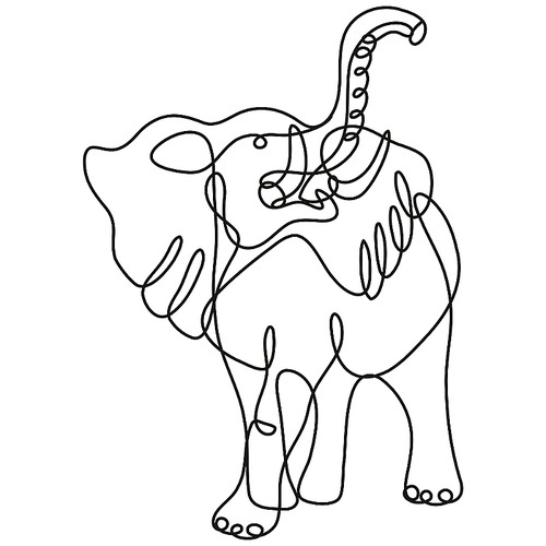 Continuous line drawing illustration of an African elephant charging front view  done in mono line or doodle style in black and white on isolated background.