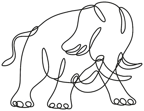 Continuous line drawing illustration of an African elephant charging side view  done in mono line or doodle style in black and white on isolated background.