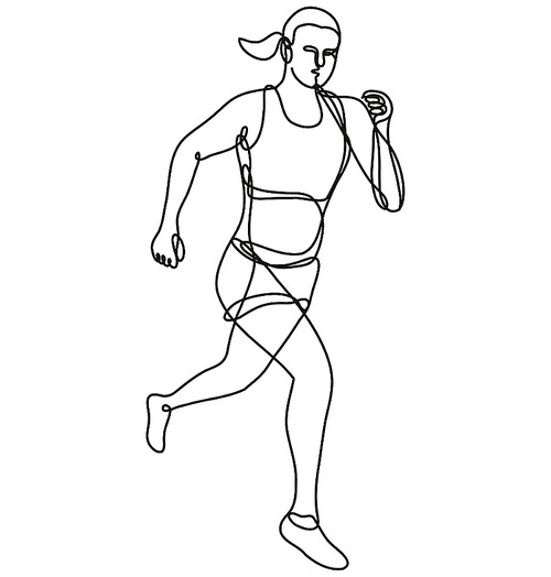 Continuous line drawing illustration of a female marathon runner running done in mono line or doodle style in black and white on isolated background.