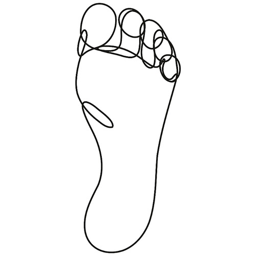 Continuous line drawing illustration of a sole of foot done in mono line or doodle style in black and white on isolated background.