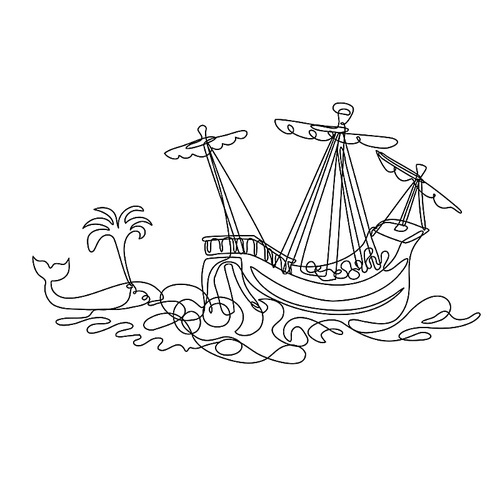 Continuous line drawing illustration of a galleon or tall ship sailing with whale done in mono line or doodle style in black and white on isolated background.