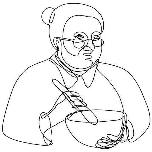 Continuous line drawing illustration of a granny cook mixing with mortar and pestle done in mono line or doodle style in black and white on isolated background.