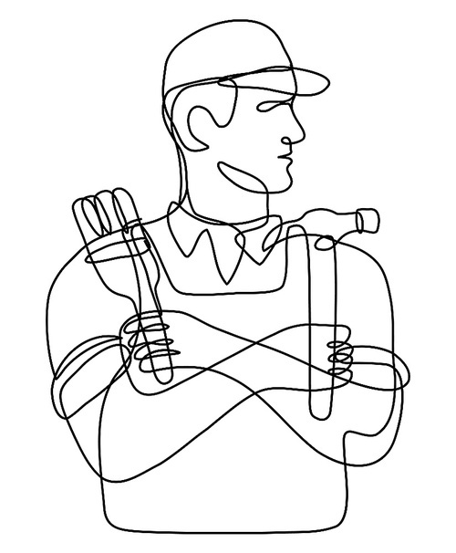 Continuous line drawing illustration of a handyman holding a hammer and paint brush with arms crossed done in mono line or doodle style in black and white on isolated background.