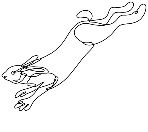 Continuous line drawing illustration of a snowshoe hare, varying hare or snowshoe rabbit jumping side view done in mono line or doodle style in black and white on isolated background.