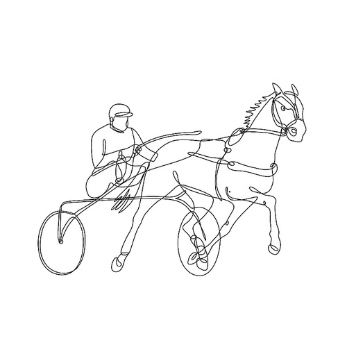 Continuous line drawing illustration of a jockey and horse harness racing side view inside circle done in mono line or doodle style in black and white on isolated background.