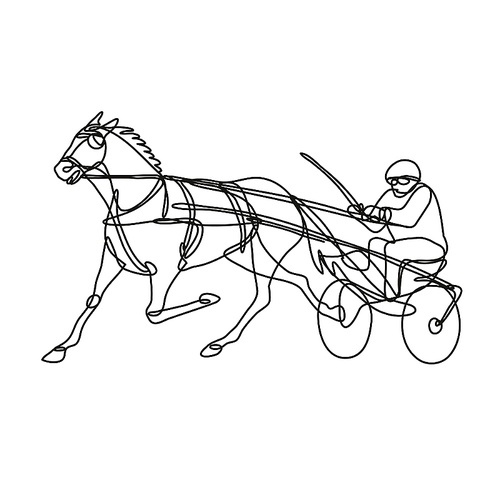 Continuous line drawing illustration of a jockey and horse harness racing side view done in mono line or doodle style in black and white on isolated background.