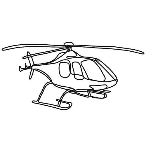 Continuous line drawing illustration of a of a helicopter in full flight done in mono line or doodle style in black and white on isolated background.