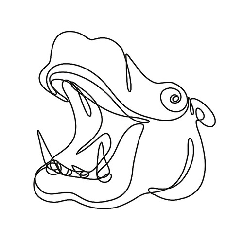 Continuous line drawing illustration of a hippopotamus hippo head side view done in mono line or doodle style in black and white on isolated background.
