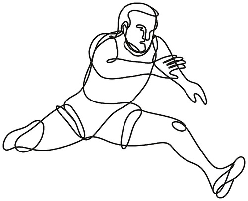 Continuous line drawing illustration of a track and field athlete jumping hurdle done in mono line or doodle style in black and white on isolated background.