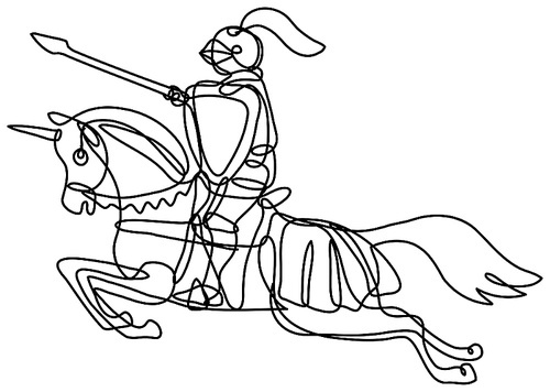 Continuous line drawing illustration of a medieval knight with lance and shield riding stead done in mono line or doodle style in black and white on isolated background.