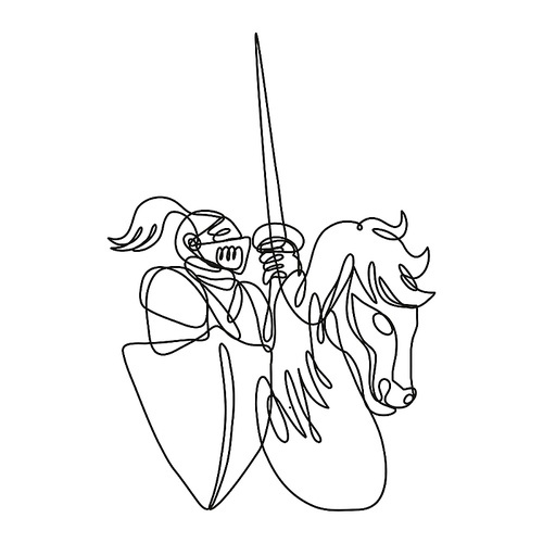 Continuous line drawing illustration of a knight with lance and shield riding stead done in mono line or doodle style in black and white on isolated background.