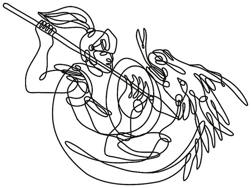 Continuous line drawing illustration of knight with lance and shield fighting dragon done in mono line or doodle style in black and white on isolated background.