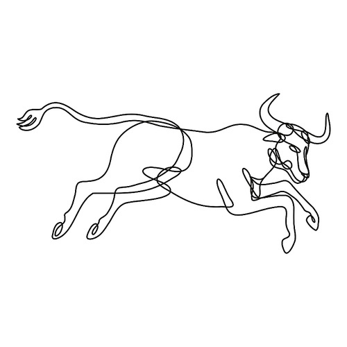 Continuous line drawing illustration of a Texas longhorn bull jumping side view done in mono line or doodle style in black and white on isolated background.