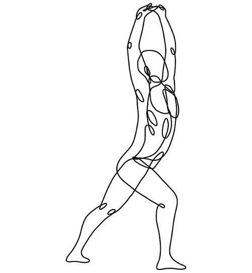 Continuous line drawing illustration of a nude male human figure standing and stretching his arms viewed from side done in mono line or doodle style in black and white on isolated background.