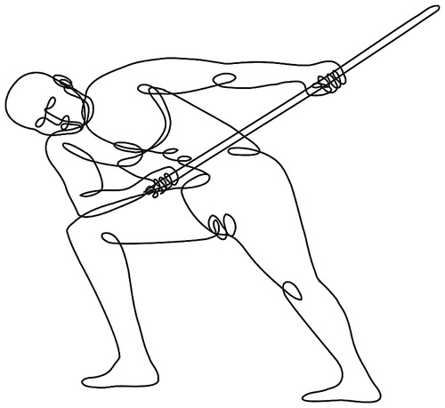 Continuous line drawing illustration of a nude male human figure pulling tugging a rope viewed from front done in mono line or doodle style in black and white on isolated background.