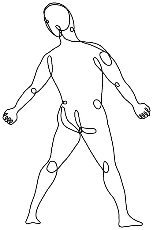 Continuous line drawing illustration of a nude male human figure standing Arms on Side viewed from rear done in mono line or doodle style in black and white on isolated background.