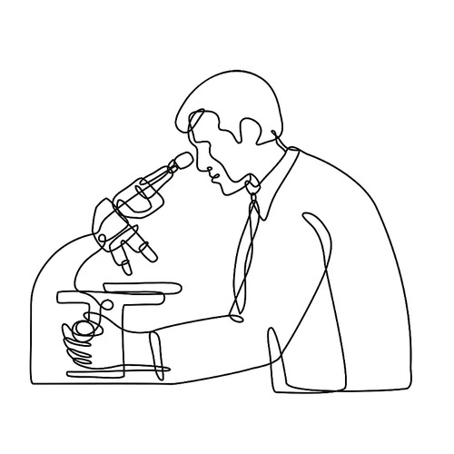 Continuous line drawing illustration of a microbiologist studying a virus with a microscope done in mono line or doodle style in black and white on isolated background.
