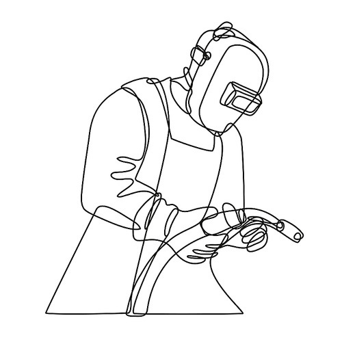 Continuous line drawing illustration of a Mig welder with visor holding welding torch done in mono line or doodle style in black and white on isolated background.
