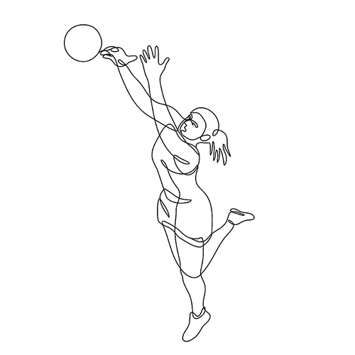 Continuous line drawing illustration of a netball player Rebounding and Catching the ball done in mono line or doodle style in black and white on isolated background.