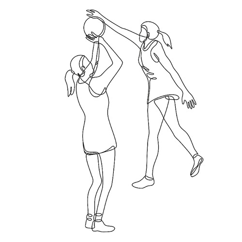 Continuous line drawing illustration of a netball player shooting and blocking the ball done in mono line or doodle style in black and white on isolated background.