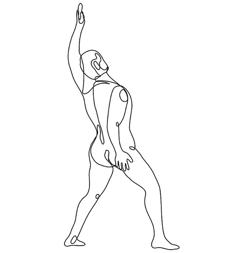 Continuous line drawing illustration of a nude male human figure Raising Hand Up viewed from rear done in mono line or doodle style in black and white on isolated background.