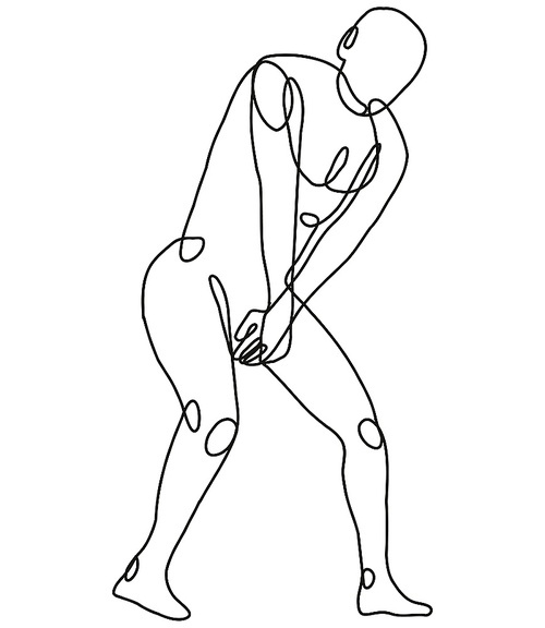 Continuous line drawing illustration of a nude male human figure standing covering holding crotch in mono line or doodle style in black and white on isolated background.