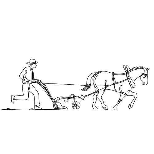 Continuous line drawing illustration of an organic farmer and horse plowing field side view done in mono line or doodle style in black and white on isolated background.