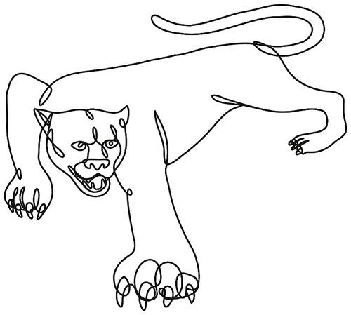 Continuous line drawing illustration of a Panther Crouching viewed from side done in mono line or doodle style in black and white on isolated background.
