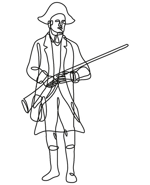 Continuous line drawing illustration of an American Patriot Revolutionary Soldier with Musket Rifle Front View  done in mono line or doodle style in black and white on isolated background.