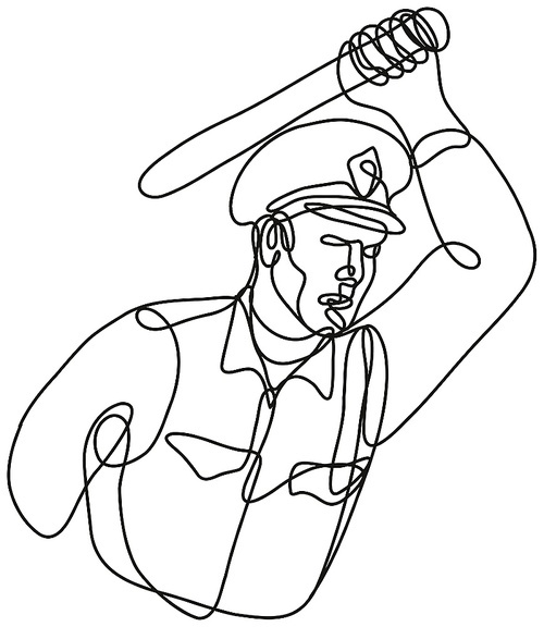 Continuous line drawing illustration of a policeman or police officer striking with baton or nightstick police  brutality done in mono line or doodle style in black and white on isolated background.
