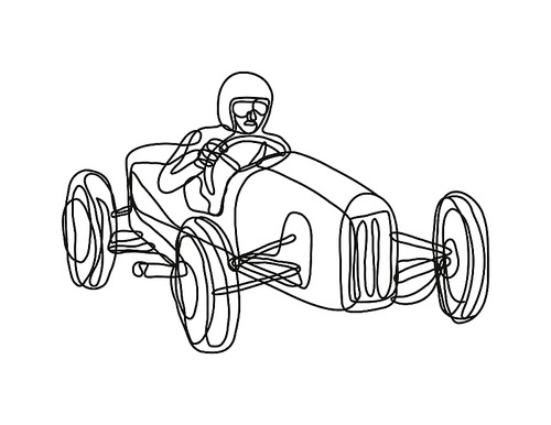 Continuous line drawing illustration of a vintage race car driver done in sketch or doodle style.