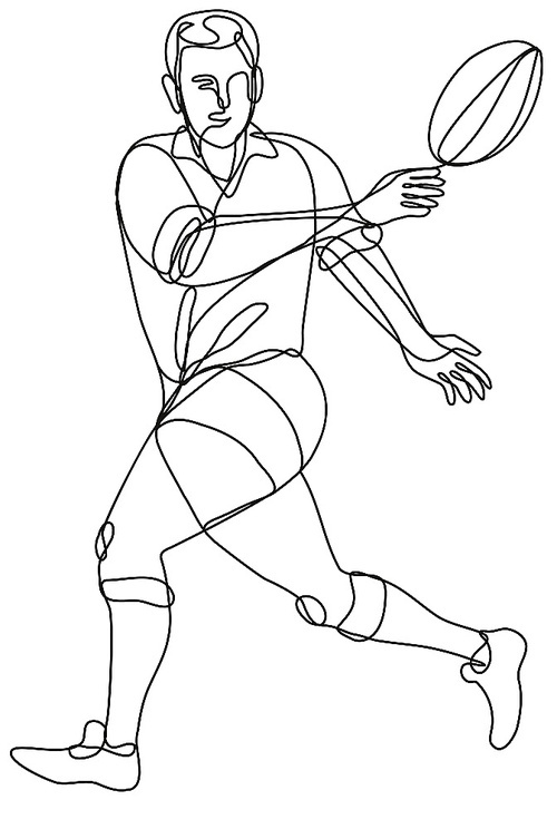 Continuous line drawing illustration of a rugby union player passing ball front view done in mono line or doodle style in black and white on isolated background.